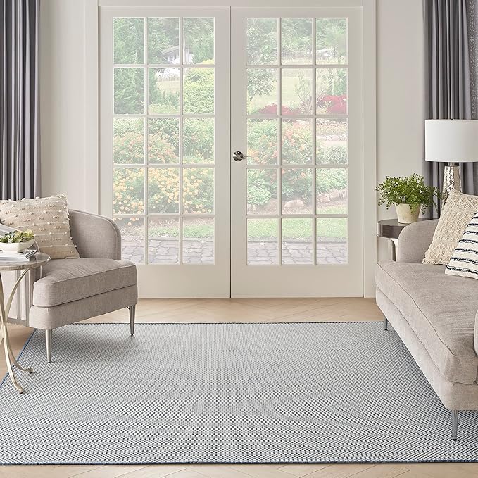 Nourison Courtyard Indoor/Outdoor Ivory Blue 8' x Square Area Rug, Easy Cleaning, Non Shedding, Bed Room, Living Room, Dining Room, Backyard, Deck, Patio (8 Square)