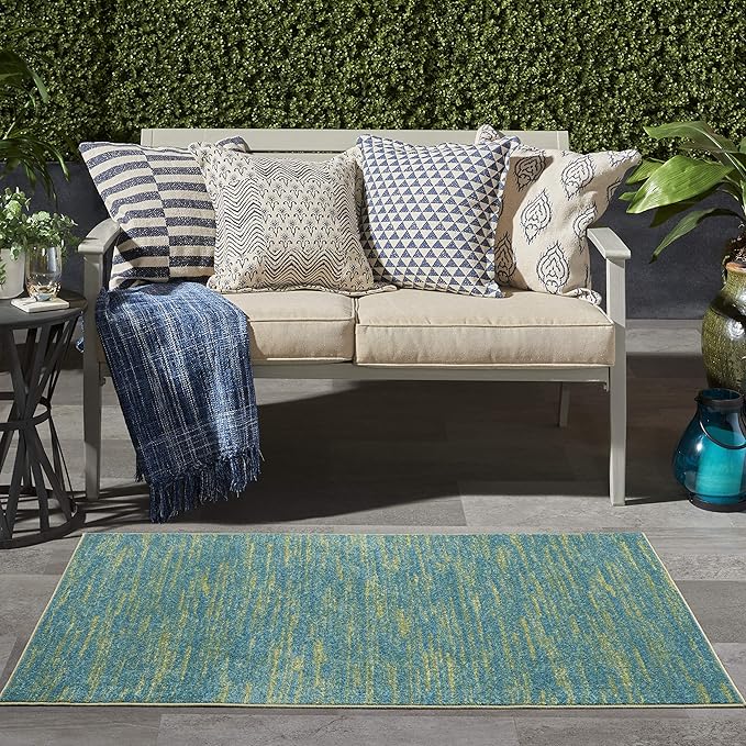 Nourison Essentials Indoor/Outdoor Blue Green 3' x 5' Area Rug, Easy Cleaning, Non Shedding, Bed Room, Living Room, Dining Room, Backyard, Deck, Patio (3x5)
