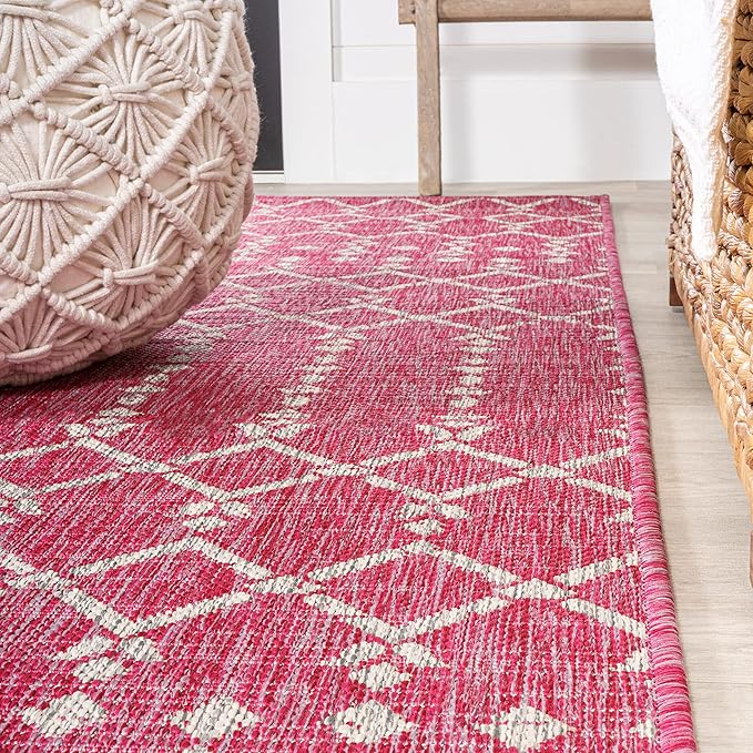 JONATHAN Y SMB108Q-28 Ourika Moroccan Geometric Textured Weave Indoor Outdoor Runner Rug, Bohemian, Rustic, Scandinavian Easy Clean,Bedroom,Kitchen,Backyard,Patio, Non-Shed, Fuchsia/Light Gray, 2 X 8
