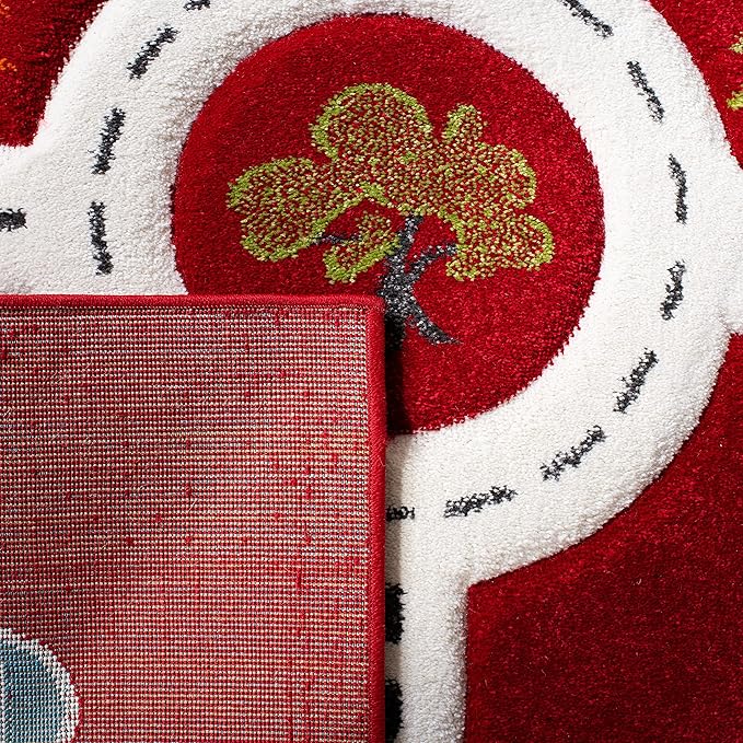 SAFAVIEH Carousel Kids Collection Area Rug - 5'3" Square, Red & Ivory, Non-Shedding & Easy Care, Ideal for High Traffic Areas for Boys & Girls in Playroom, Nursery, Bedroom (CRK192Q)