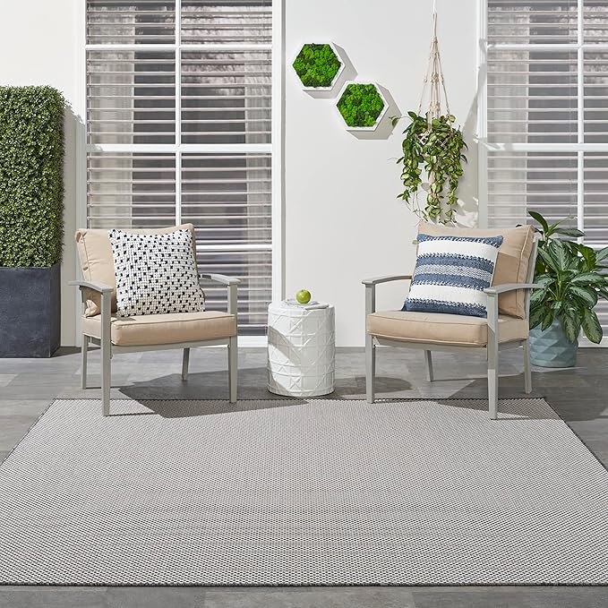 Nourison Courtyard Indoor/Outdoor Ivory/Charcoal 8' x Square Area Rug, Easy Clean, Non Shedding, Bed Room, Living Room, Dining Room, Backyard, Deck, Patio (8 Square)