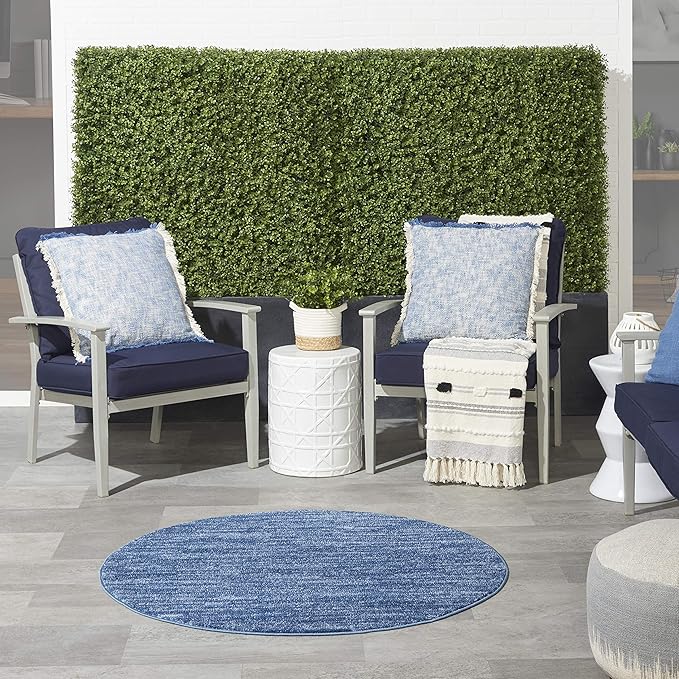 Nourison Essentials Indoor/Outdoor Navy Blue 4' x Round Area Rug, Easy Cleaning, Non Shedding, Bed Room, Living Room, Dining Room, Backyard, Deck, Patio (4 Round)