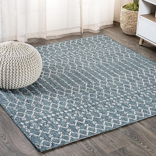 JONATHAN Y SMB108C-5SQ Ourika Moroccan Geometric Textured Weave Indoor Outdoor Area-Rug, Bohemian, Rustic, Scandinavian Easy-Cleaning,Bedroom,Kitchen,Backyard,Patio,Non Shedding, Teal/Gray, 5' Square