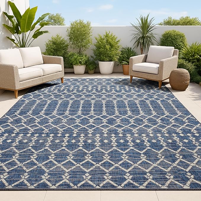 JONATHAN Y SMB108K-4 Ourika Moroccan Geometric Textured Weave Indoor Outdoor Area-Rug, Bohemian Coastal Traditional Easy-Cleaning,Bedroom,Kitchen,Backyard,Patio,Non Shedding, 4 X 6, Navy/Beige