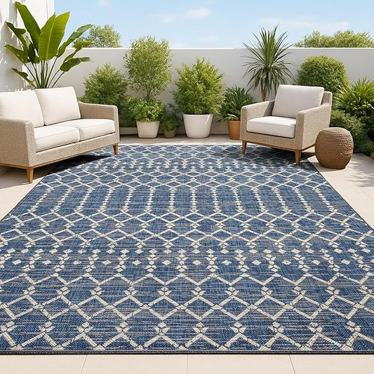 JONATHAN Y SMB108K-9 Ourika Moroccan Geometric Textured Weave Indoor Outdoor Area-Rug, Bohemian Coastal Traditional Easy-Cleaning,Bedroom,Kitchen,Backyard,Patio,Non Shedding, 9 X 12, Navy/Beige