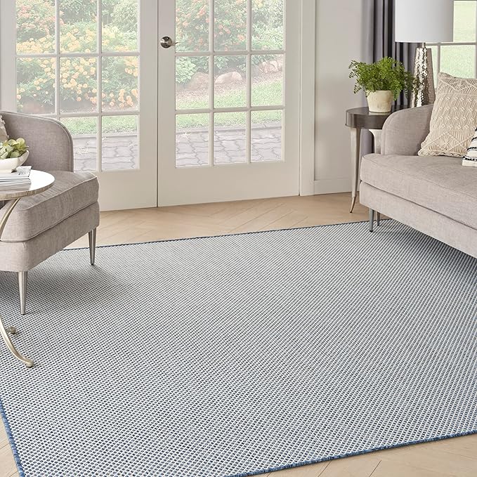 Nourison Courtyard Indoor/Outdoor Ivory Blue 8' x Square Area Rug, Easy Cleaning, Non Shedding, Bed Room, Living Room, Dining Room, Backyard, Deck, Patio (8 Square)