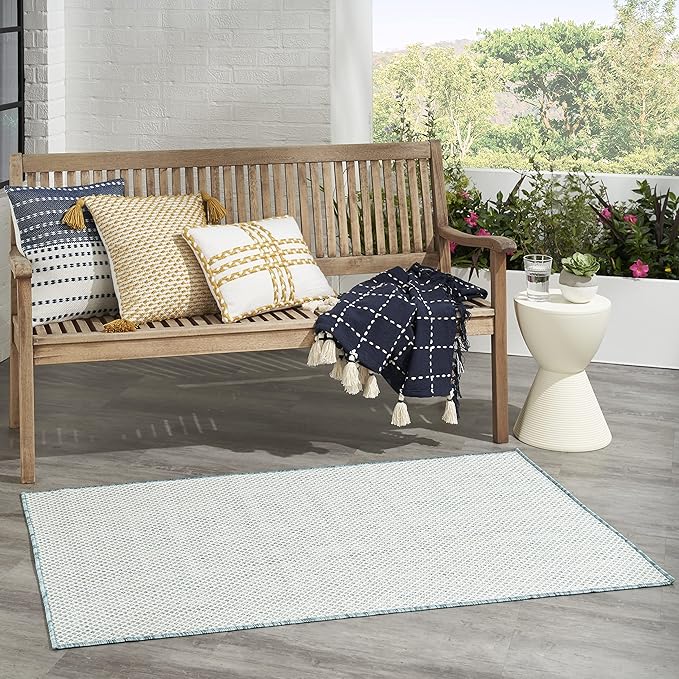 Nourison Courtyard Indoor/Outdoor Ivory Aqua 3' x 5' Area Rug, Geometric, Easy Cleaning, Non Shedding, Bed Room, Living Room, Dining Room, Deck, Patio, Backyard (3x5)
