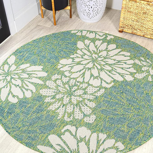 JONATHAN Y SMB110D-9R Zinnia Modern Floral Textured Weave Cream/Green 9' Round Indoor/Outdoor Area Rug, Pet Friendly, Non-Shedding, Stain Resistant, Easy-Cleaning for Backyard, Patio, Porch
