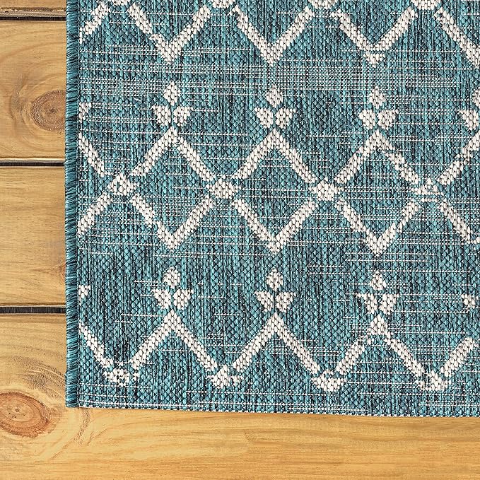 JONATHAN Y SMB108C-9R Ourika Moroccan Geometric Textured Weave Teal/Gray 9' Round Indoor/Outdoor Area Rug, Pet Friendly, Non-Shedding, Stain Resistant, Easy-Cleaning for Backyard, Patio, Porch