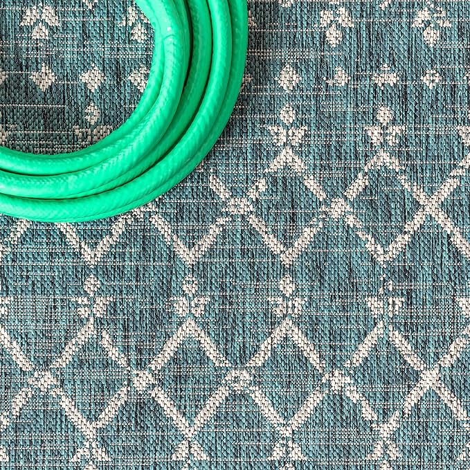 JONATHAN Y SMB108C-210 Ourika Moroccan Geometric Textured Weave Indoor Outdoor Runner Rug, Bohemian, Rustic, Scandinavian Easy-Cleaning,Bedroom,Kitchen,Backyard,Patio,Non Shedding, Teal/Gray, 2 X 10