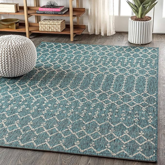 JONATHAN Y SMB108C-9 Ourika Moroccan Geometric Textured Weave Indoor Outdoor Area Rug, Bohemian, Rustic, Scandinavian Easy Cleaning,Bedroom,Kitchen,Backyard,Patio,Non Shedding, Teal/Gray, 9 X 12