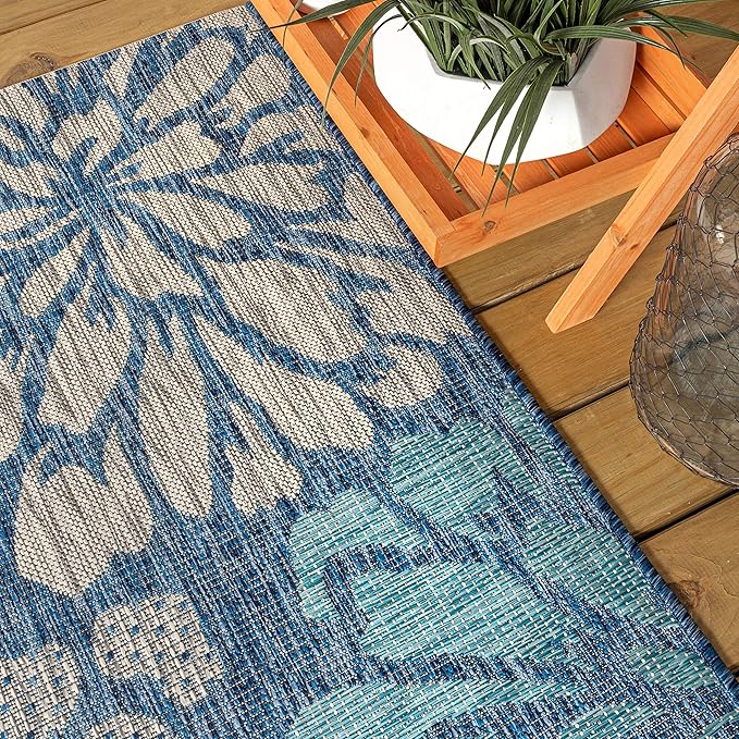JONATHAN Y SMB110C-4R Zinnia Modern Floral Textured Weave Indoor/Outdoor Area Rug, Bohemian, Coastal, Transitional for Bedroom, Kitchen, Living Room, Easy-Cleaning, Navy/Aqua, 4' Round